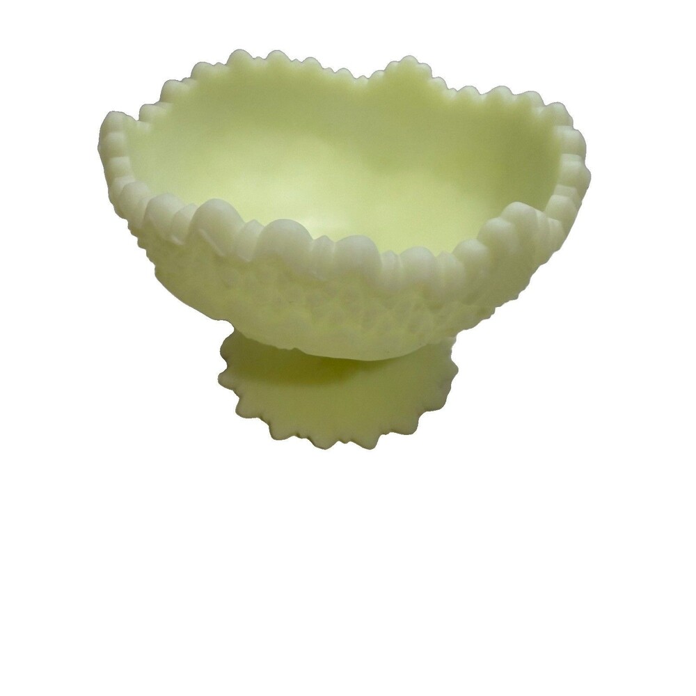 Fenton Satin Custard Uranium Glass Hobstar Pinwheel Pedestal Candy Dish Vintage